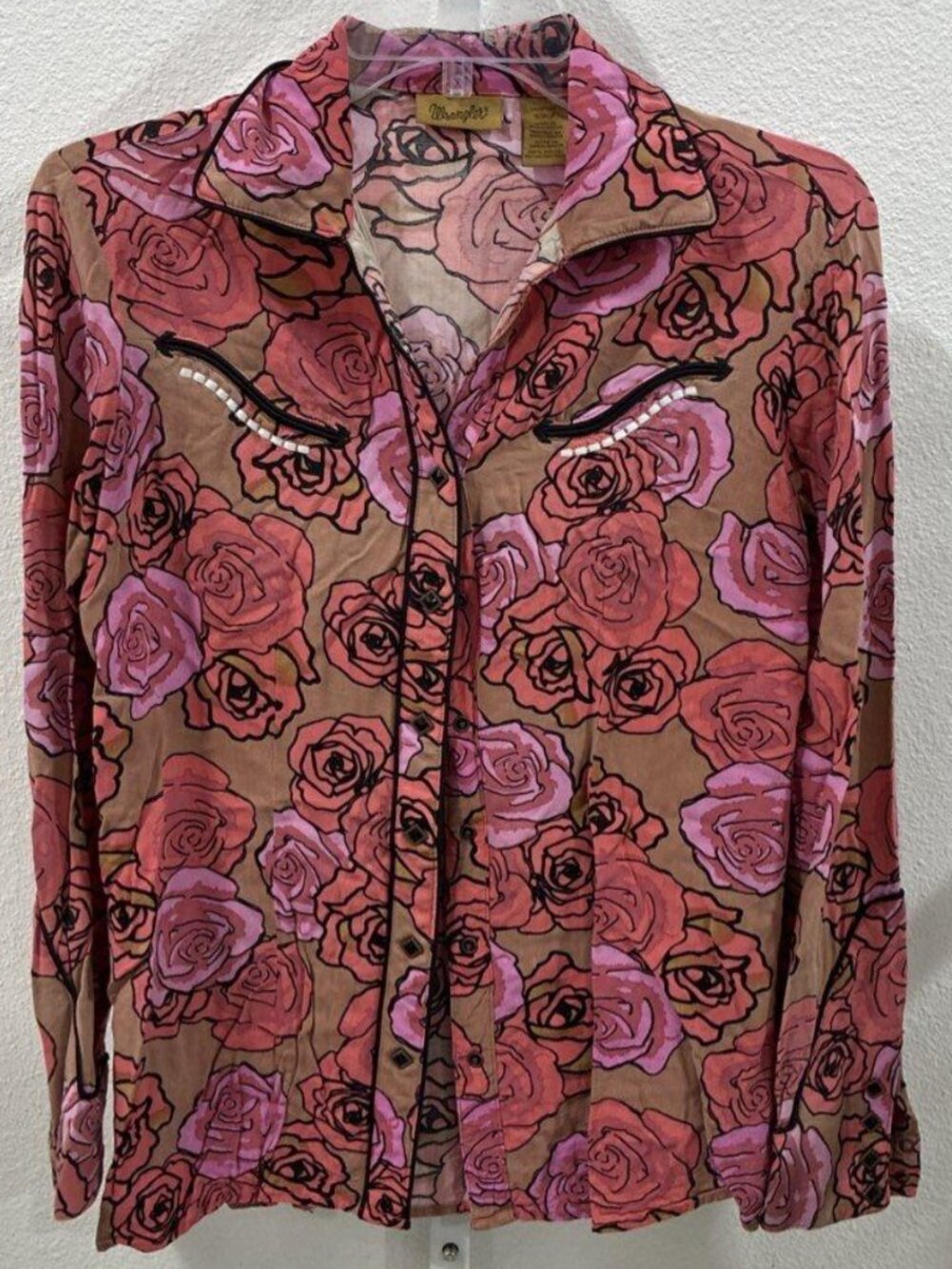Wrangler Pink Roses Long Sleeve Western Button Up Shirt Coastal Cowgirl Size SP